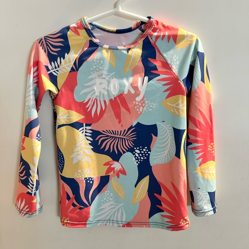 Roxy Multicolored Coral, blues and Yellow Rashguard Swim Shirt Size 3